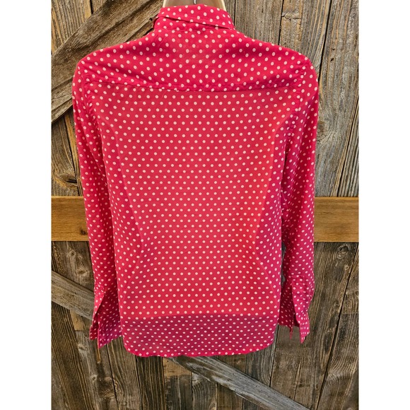 Pink and white polka dot long sleeve sheer button up size XXS ^ EUC - Picture 3 of 8